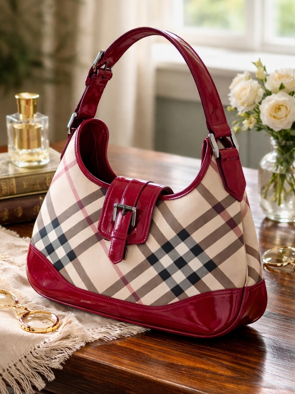 Burberry Beige Check Shoulder Bag with Red Patent Trim